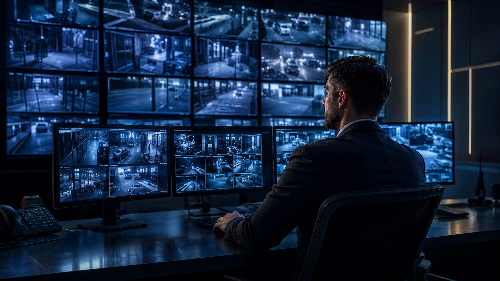 Security professional monitoring surveillance screens