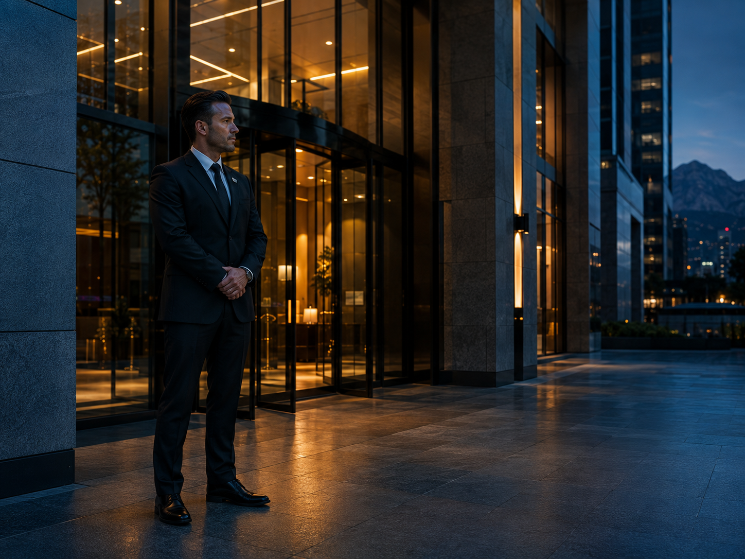 Professional security guard at a modern facility entrance
