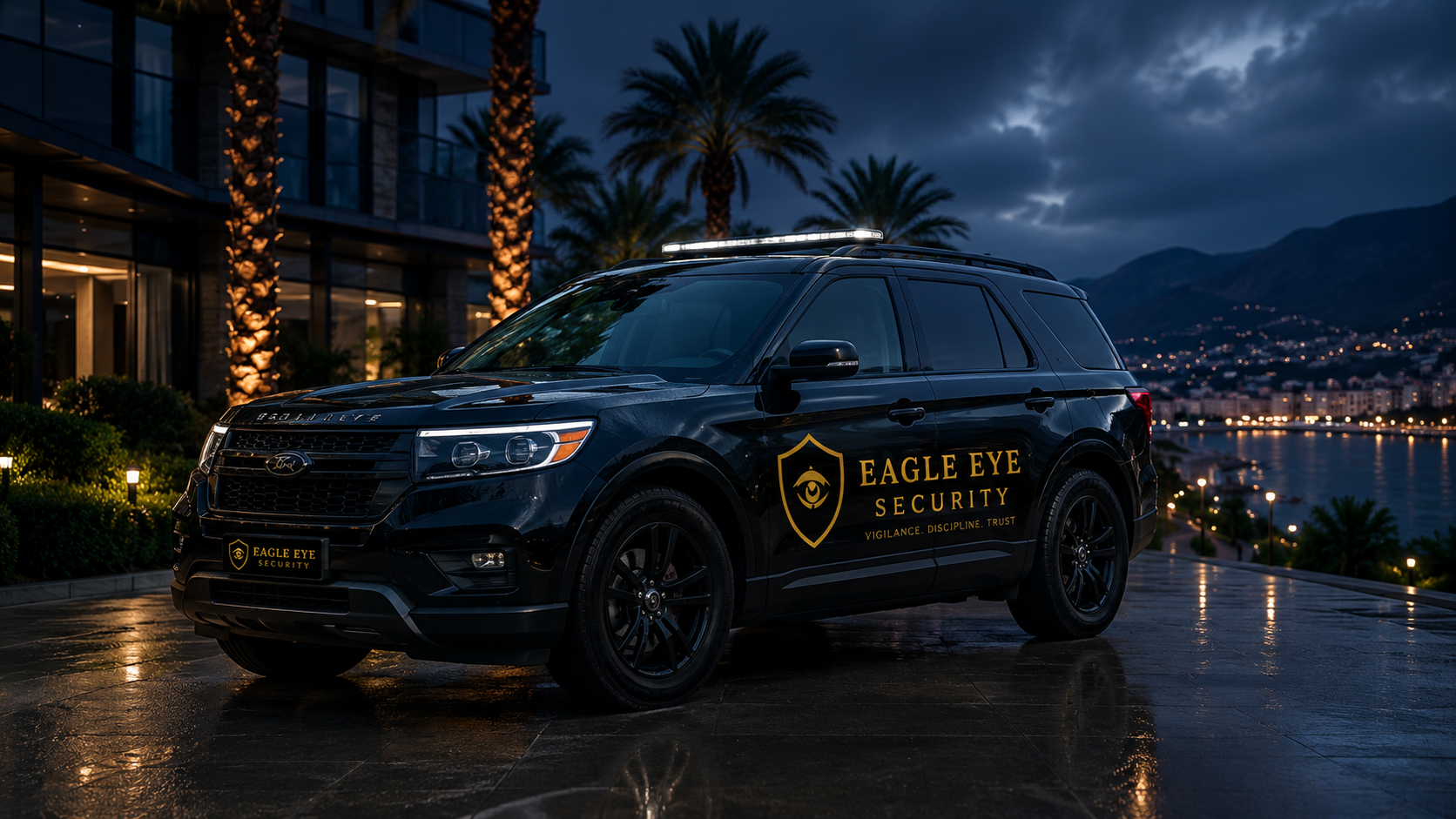 Eagle Eye Security mobile patrol vehicle at night